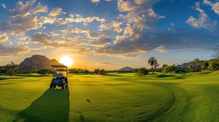 Wall Mural - Panorama of golf cart on beautiful golf course at sunset