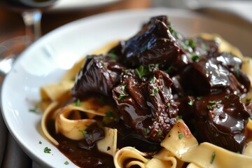 beef cheeks with sauce on a plate of pappardelle pasta in a realistic background