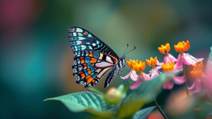Poster - Close-up of a delicate butterfly perched on a blooming flower, its intricate patterns illuminated in vivid detail.