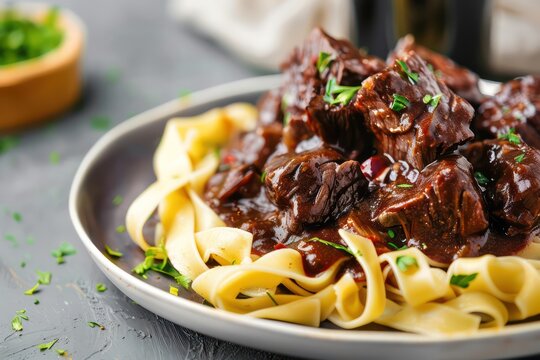 beef cheeks with sauce on a plate of pappardelle pasta in a realistic background