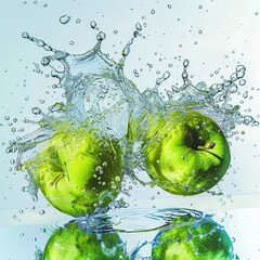 Wall Mural - green apples splashing in the water with bubbles and drops, realistic and professional