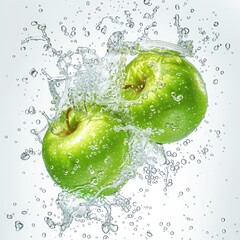 Wall Mural - green apples splashing in the water with bubbles and drops, realistic and professional