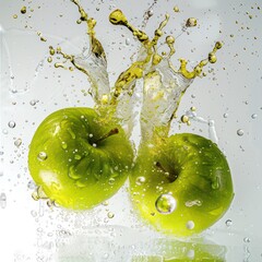 Wall Mural - green apples splashing in the water with bubbles and drops, realistic and professional