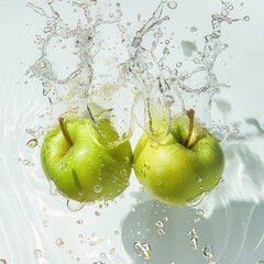 Wall Mural - green apples splashing in the water with bubbles and drops, realistic and professional