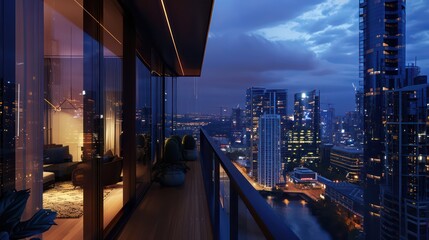 Wall Mural - wallpaper of a view from the balcony of a skyscraper with the city lights at night
