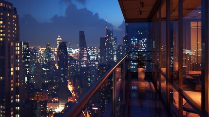 Wall Mural - wallpaper of a view from the balcony of a skyscraper with the city lights at night
