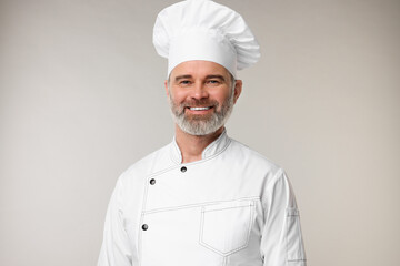 Wall Mural - Happy chef in uniform on grey background