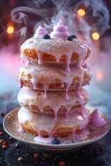 Wall Mural - A stack of donuts with icing and sprinkles on a plate, AI