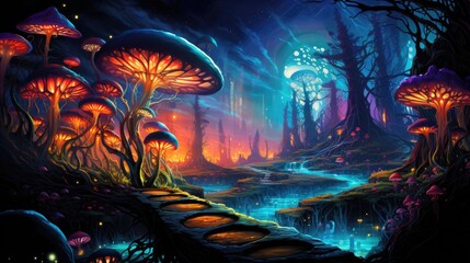 Wall Mural - An image psychedelic journey through a mystical forest, filled with vibrant colors, glowing mushrooms, and ethereal creatures