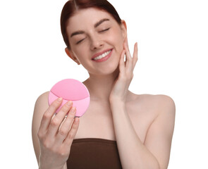 Canvas Print - Washing face. Young woman with cleansing brush on white background, selective focus