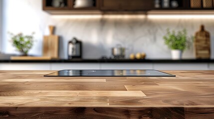 Canvas Print - Empty wooden table top for display product on blurred kitchen room background. Generated AI