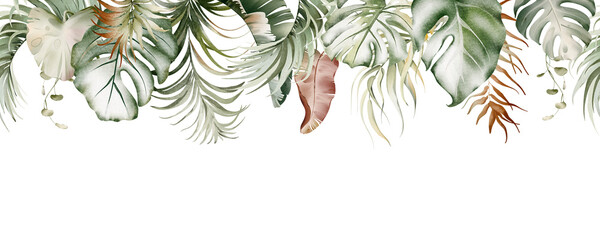 watercolor botanical seamless tropics border. green exotic jungle on a white background. floral deco