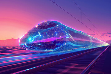 Poster - A train is traveling down a track with a bright purple sky in the background