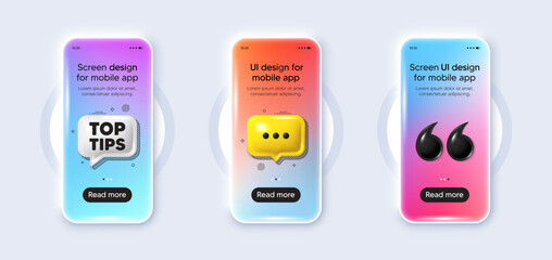 Wall Mural - Phone 3d mockup gradient screen. Top tips tag. Education faq sign. Best help assistance. Top tips phone mockup message. 3d chat speech bubble. Yellow text box app. Vector