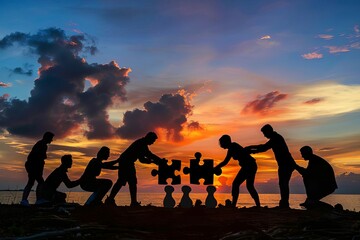 Sticker - silhouetted business team collaborating on jigsaw puzzle employee growth concept photo