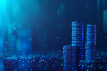 Poster - A blue background with three stacks of coins
