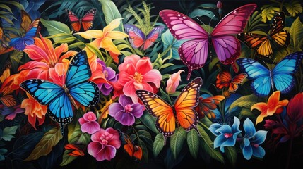 Wall Mural - A picture vibrant and colorful watercolor artwork showcasing a variety of exotic butterflies in a lush tropical garden