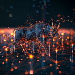 Poster - A blue bull is standing in a field of blue lights
