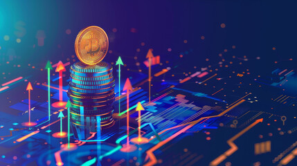 Poster - A stack of coins is on top of a coin, with a computer chip in the middle