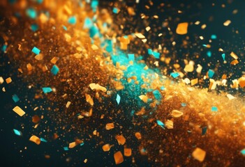 Poster - 'Abstract orange glowing confetti gold background particles. dark turquoise effect insight bokeh light bubble space winter blur pattern colours night flames science fly'