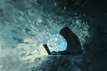 Aufkleber - A man is sitting in front of a laptop, typing on it