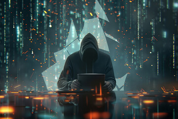 Poster - A man is sitting in front of a computer with a hood over his head