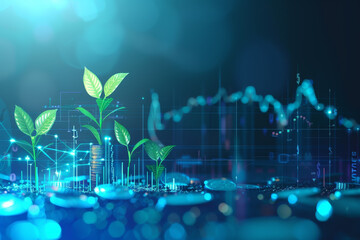 Poster - A computer generated image of a city with a green plant growing in the middle