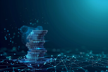 Fototapete - A stack of coins is shown in a blue background with a lot of lines and dots
