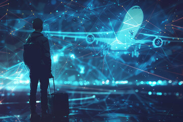 Poster - A man is standing in front of a computer screen with a blue airplane