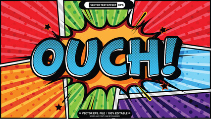 Aufkleber - Ouch pop art style comic editable 3d vector text effect with comic book backdrop illustration