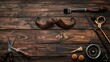 Moustache and beard styling tools on wooden background, flat lay. Space for text 