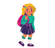 Cute little girl ready to go to school vector illustration. Female