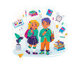 School education vector illustration. Cute little girl and boy go to