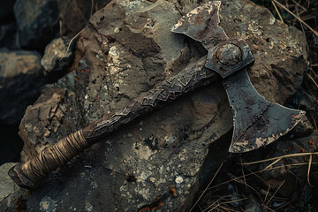 Battle-scarred warlord's axe, its edges still sharp despite the ravages of time.