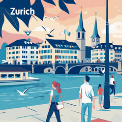 Canvas Print - A painting of a city Zurich with a bridge and a church