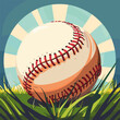 A baseball is sitting on the grass with a red and white striped band