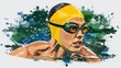 Professional swimmer in a cap and water goggles. Close-up of a face in the pool during a competition. Concept: swimming and sports in water. Grunge style