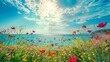 Panorama landscape of vibrant summer flowers along the coast, photography Colorful sun light high detail landscape background