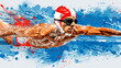 Professional swimmer in a cap and water goggles. Close-up of a face in the pool during a competition. Concept: swimming and sports in water. Grunge style