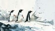 Penguins waddle across the ice, watercolor painting on a white background