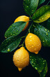 Close up of water droplets on a whole yellow lemon on the branch