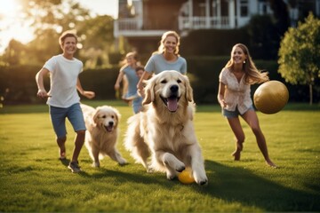 'family golden outdoors backyard fun dog play retriever smiling flying pedigree four summer fetch beautiful lawn has idyllic loyal sc happy house children toy catch running home people pet animal'