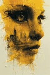 Poster - A painting of a woman's face with yellow and black paint, AI