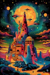 Sticker - A painting of a castle with flying saucers and aliens, AI