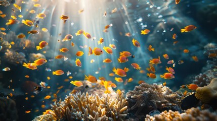 A dynamic school of orange fish navigating the intricate coral reefs, bathed in natural sunlight