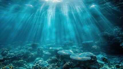 Wall Mural - The calm of the underwater world, with serene coral formations under ethereal blue light rays