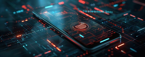 Poster - Digital security concept with hologram graphs, data charts and shield on smart phone screen in a dark room.