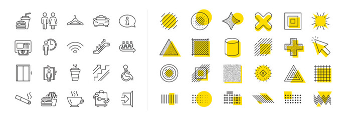 Poster - elevator, cloakroom and taxi icons. design shape elements. public services, wifi line icons. exit, a