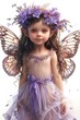 A little fairy with butterfly wings and a purple flower crown.
