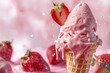 Strawberry ice cream cone melting